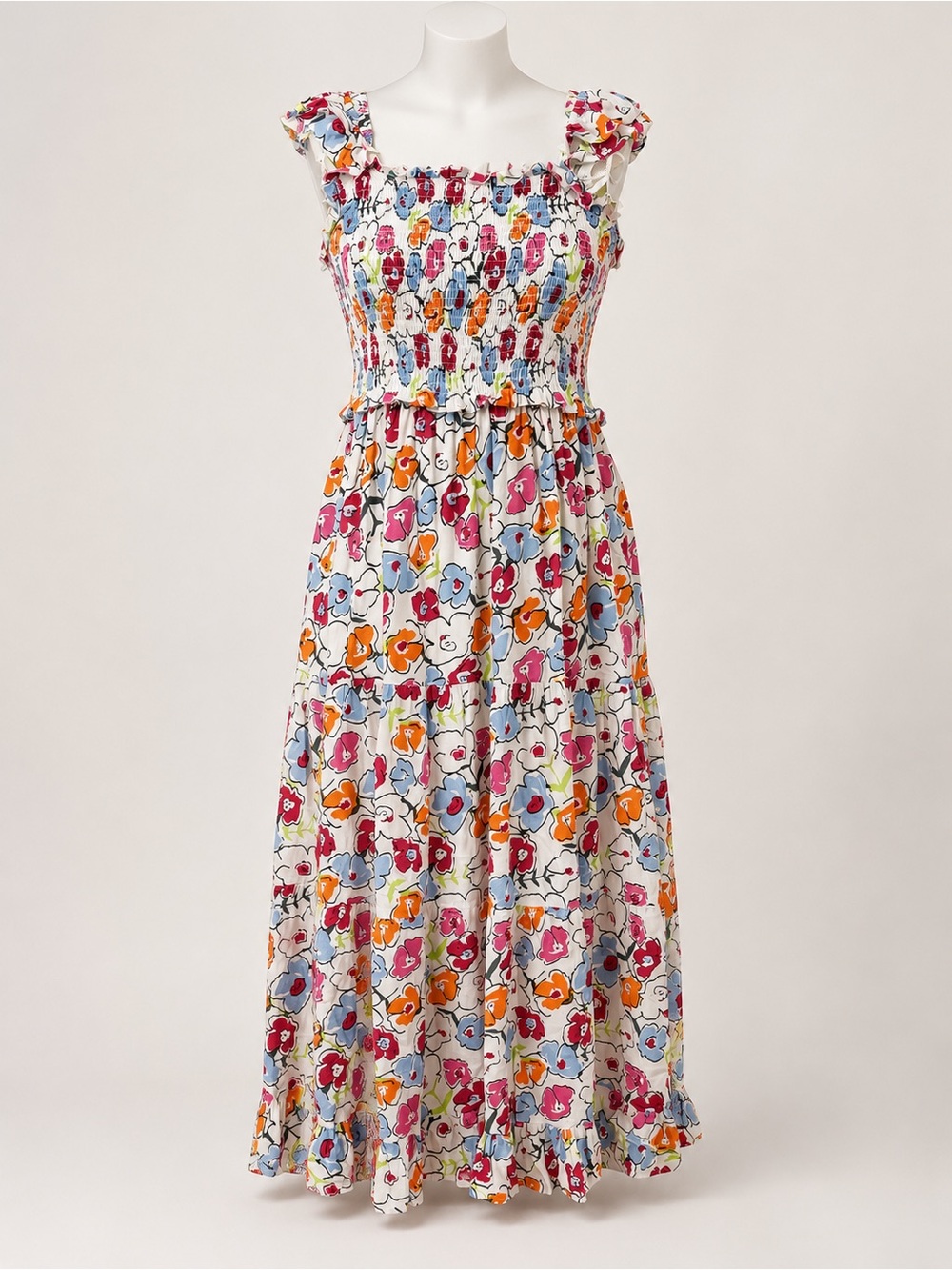 THML Floral Smocked Maxi Dress Ruffle Sleeve Pockets Size M